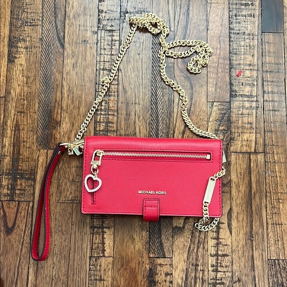 Michael Kors Red Crossbody Wallet Bag Gold Tone Michael Kors Chain jet set - Picture 7 of 16